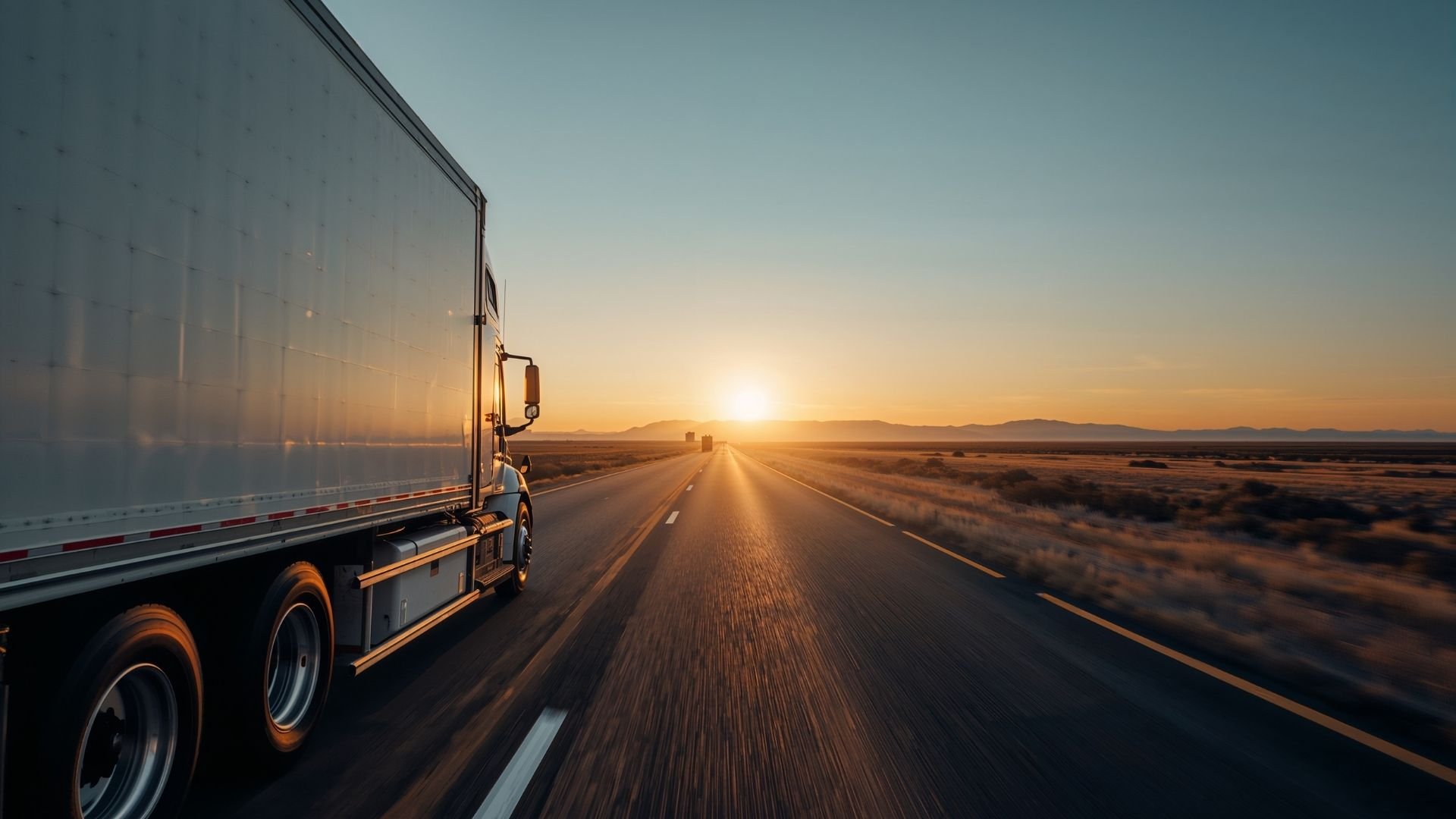 Semi truck driving on highway at sunset through desert landscape