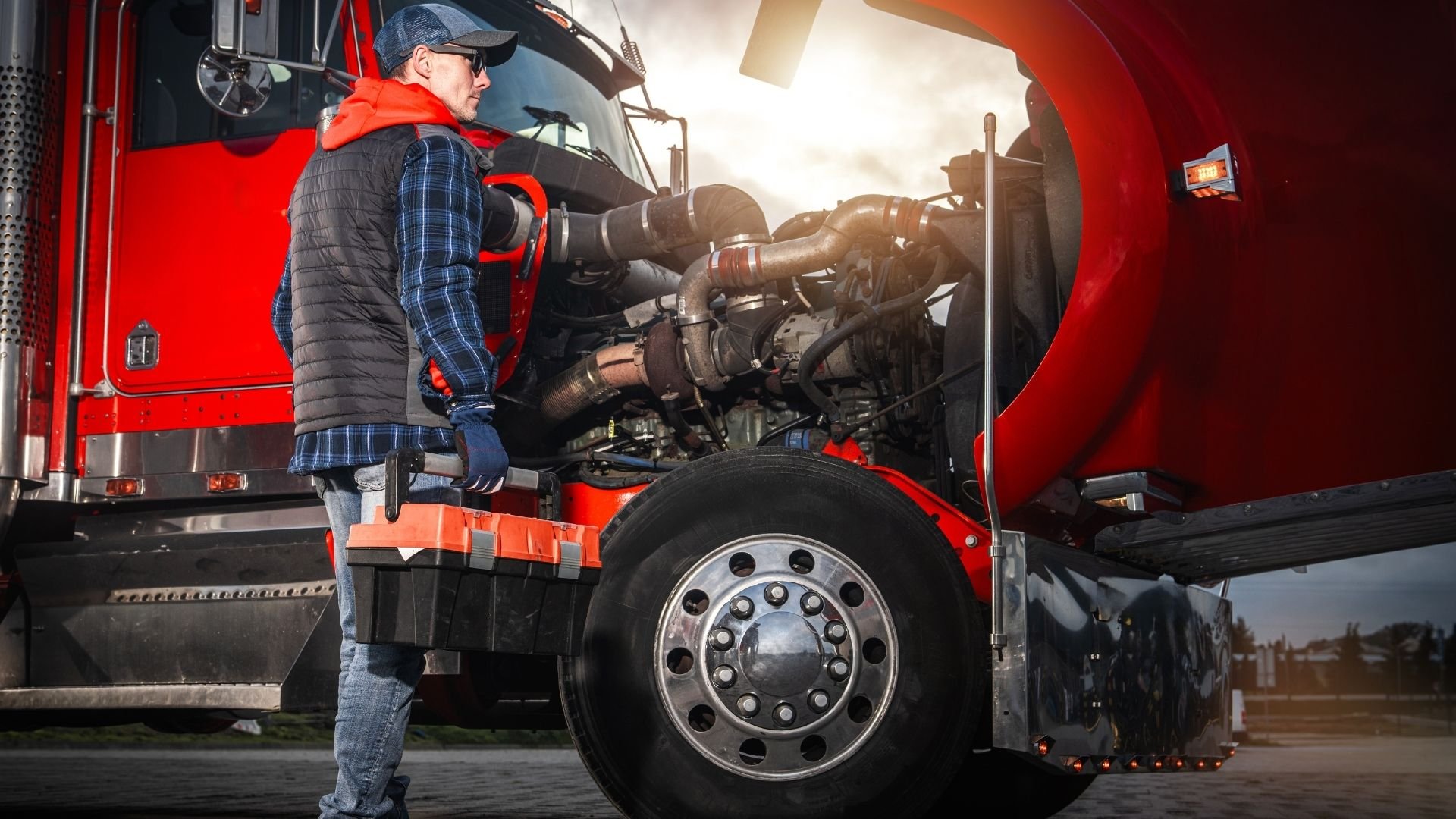 Truck driver in safety vest examines red semi-truck engine in daylight
